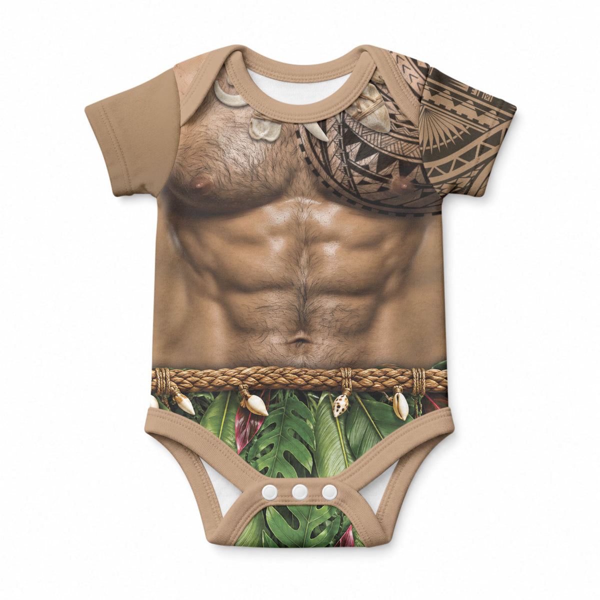 Warrior Muscle Tattoo 3D Funny Graphic Baby Onesie Six Pack Abs Bone Necklace Leaf Skirt DT05 Beige - Polynesian Pride