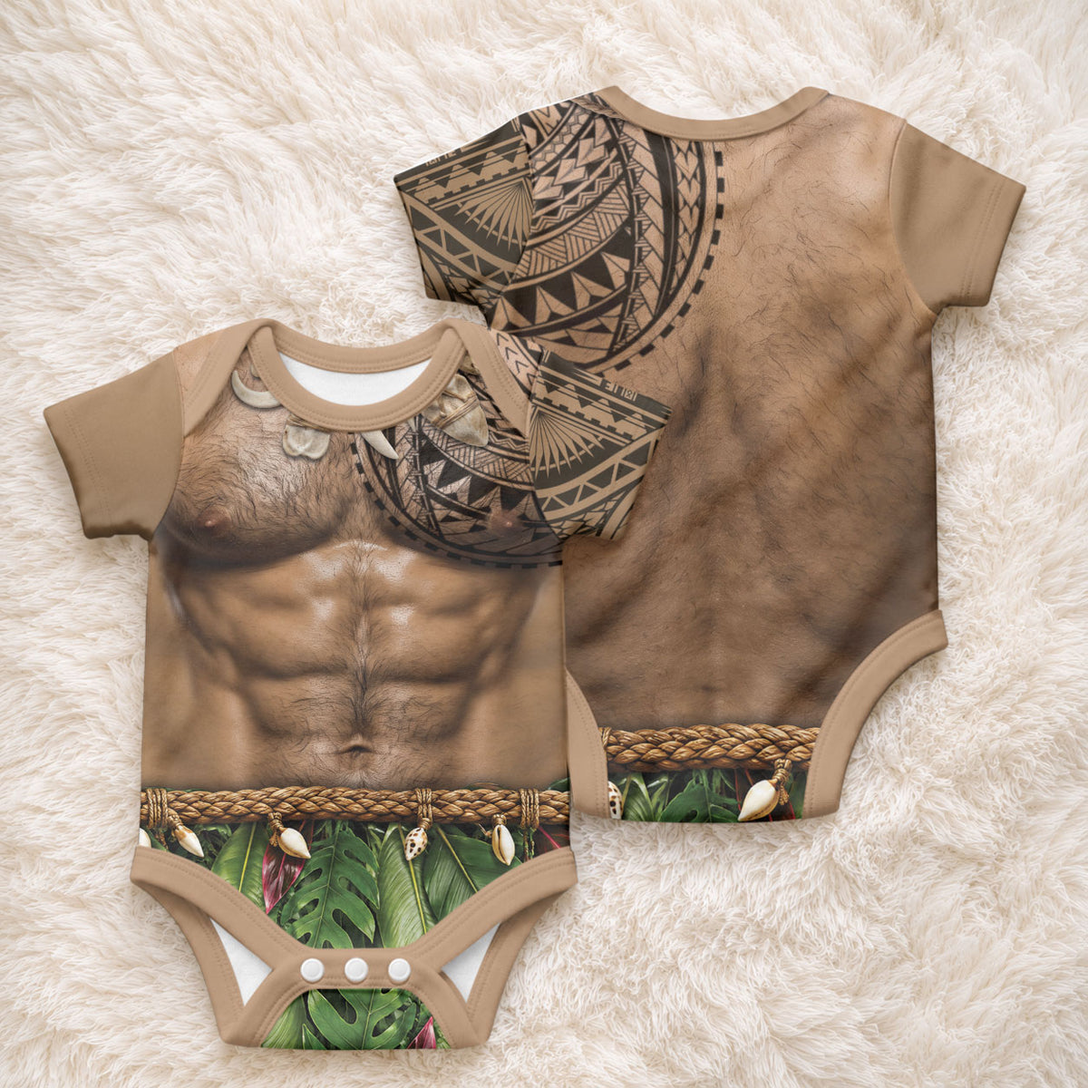 Warrior Muscle Tattoo 3D Funny Graphic Baby Onesie Six Pack Abs Bone Necklace Leaf Skirt DT05 - Polynesian Pride