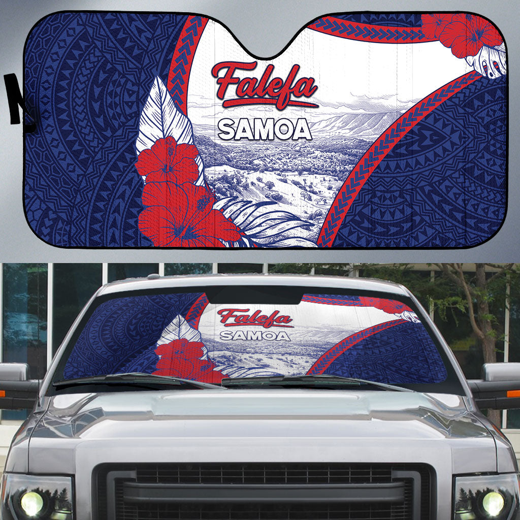 Falefa Samoa Village Auto Sun Shade Valley Polynesian Tribal Hibiscus Floral DT05 Navy - Polynesian Pride
