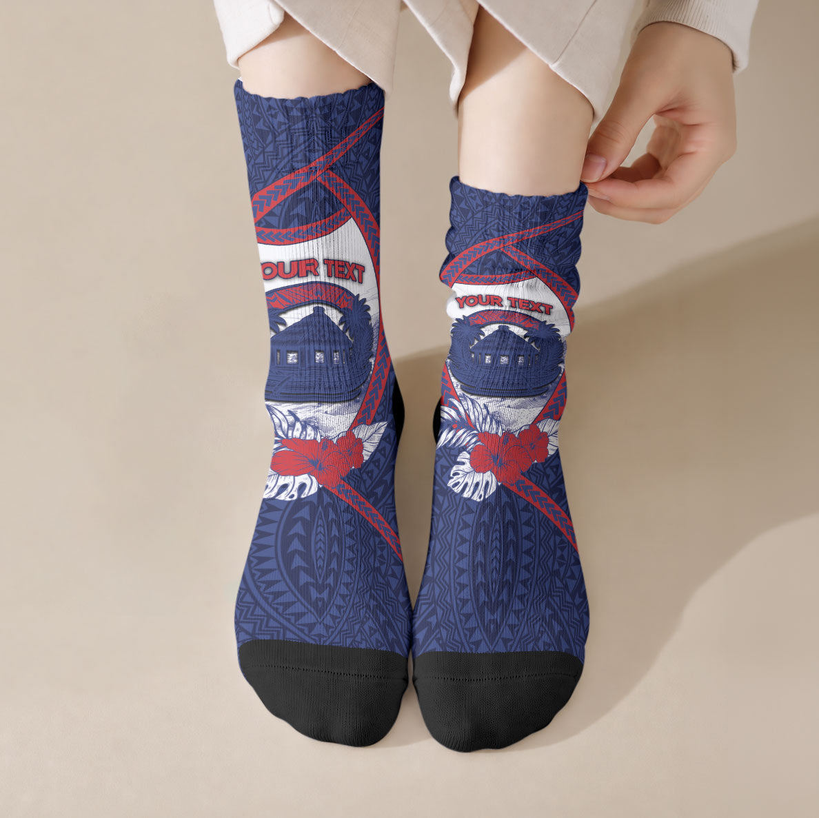 Personalised Falefa Samoa Village Crew Socks Valley Polynesian Tribal Hibiscus Floral DT05 Crew Socks Navy - Polynesian Pride