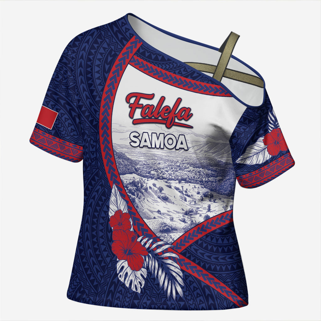 Personalised Falefa Samoa Village Cross Shoulder Shirt Valley Polynesian Tribal Hibiscus Floral DT05 Female Navy - Polynesian Pride