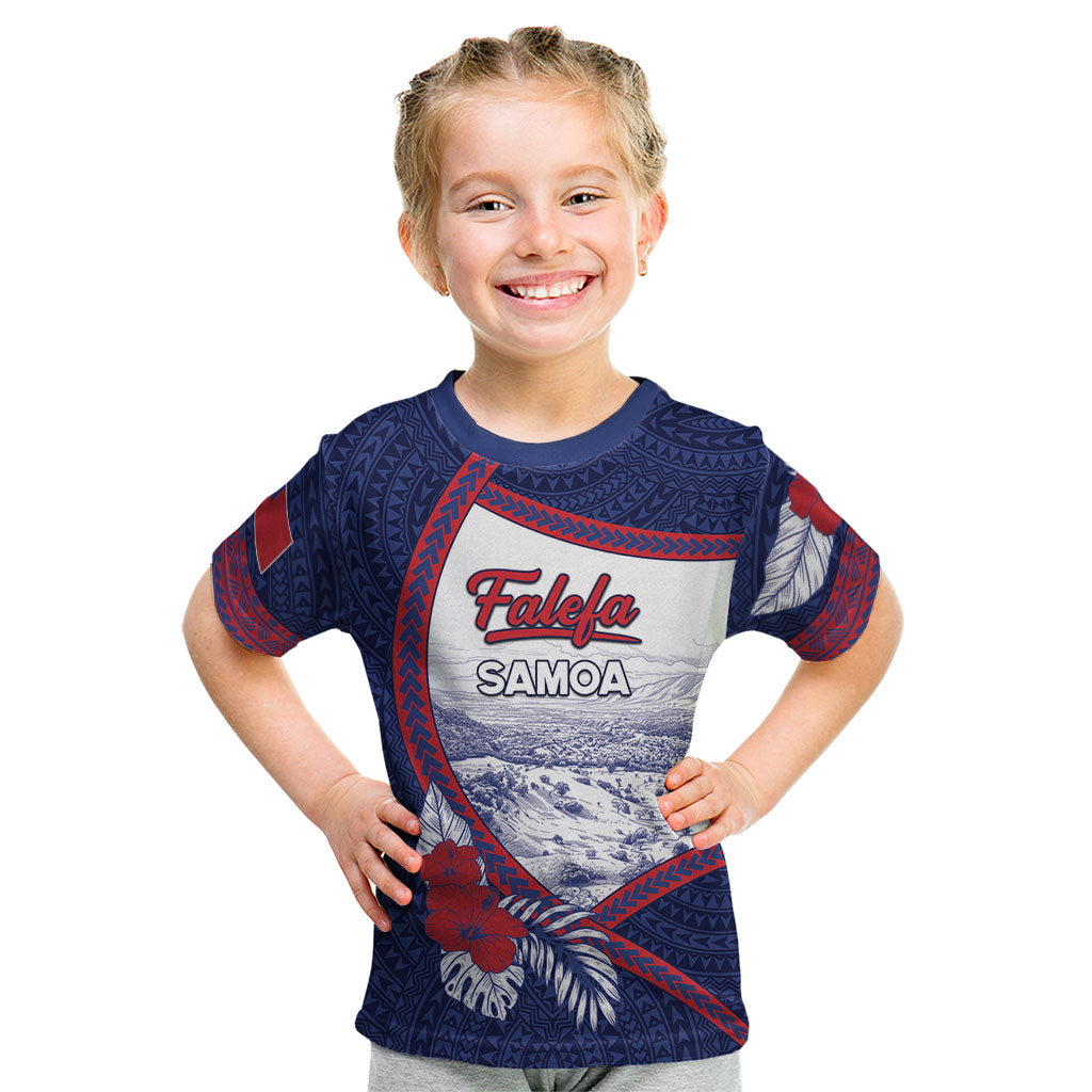 Personalised Falefa Samoa Village Kid T Shirt Valley Polynesian Tribal Hibiscus Floral DT05 Navy - Polynesian Pride