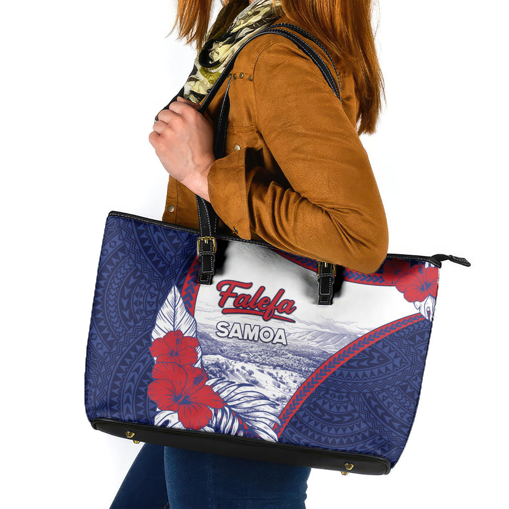 Falefa Samoa Village Leather Tote Bag Valley Polynesian Tribal Hibiscus Floral DT05 Navy - Polynesian Pride