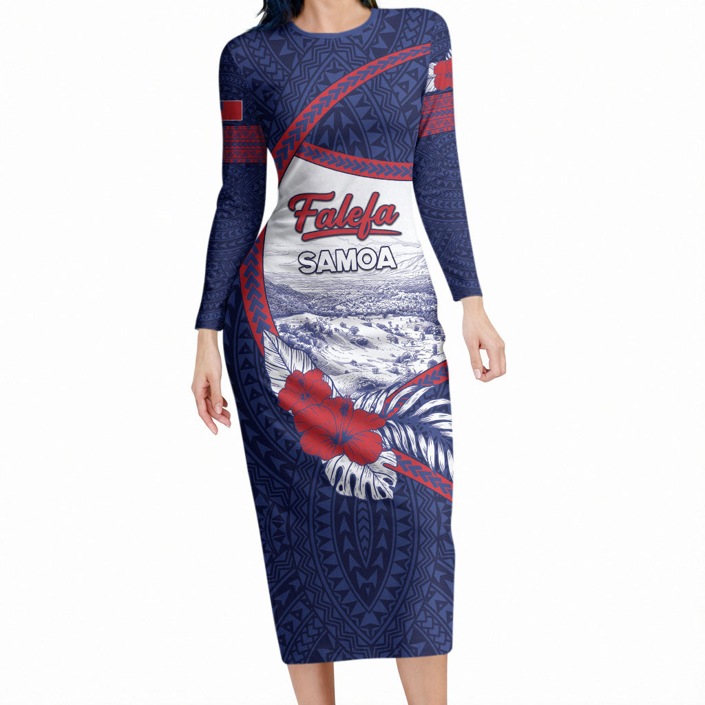 Personalised Falefa Samoa Village Long Sleeve Bodycon Dress Valley Polynesian Tribal Hibiscus Floral