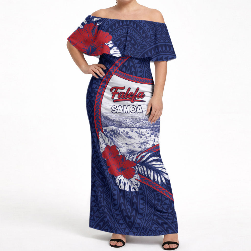 Personalised Falefa Samoa Village Off Shoulder Maxi Dress Valley Polynesian Tribal Hibiscus Floral DT05 Women Navy - Polynesian Pride