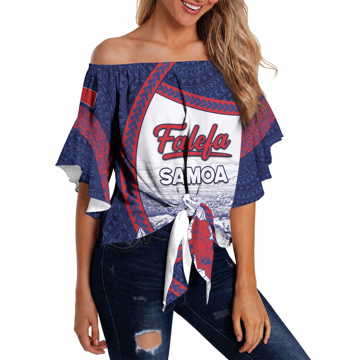 Personalised Falefa Samoa Village Off Shoulder Wrap Waist Top Valley Polynesian Tribal Hibiscus Floral DT05 Navy - Polynesian Pride