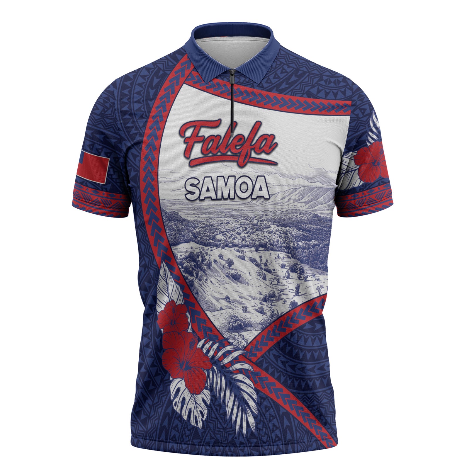 Personalised Falefa Samoa Village Zipper Polo Shirt Valley Polynesian Tribal Hibiscus Floral DT05 Navy - Polynesian Pride