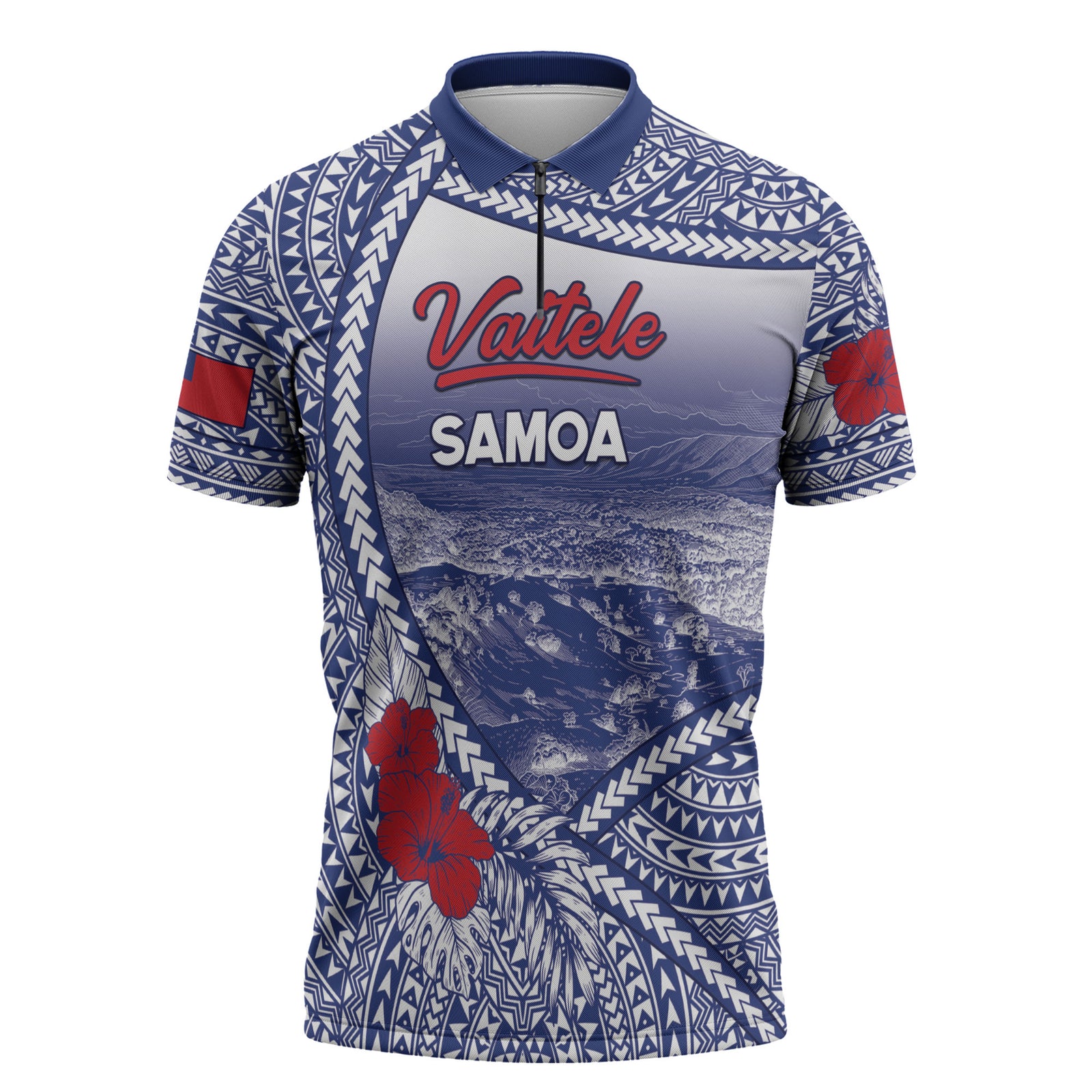 Personalised Vaitele Samoa Village Zipper Polo Shirt Falefa Valley Polynesian Tribal Hibiscus Floral