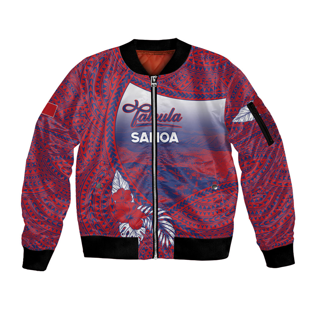 Personalised Faleula Samoa Village Sleeve Zip Bomber Jacket Falefa Valley Polynesian Tribal Hibiscus Floral DT05 Unisex Red - Polynesian Pride
