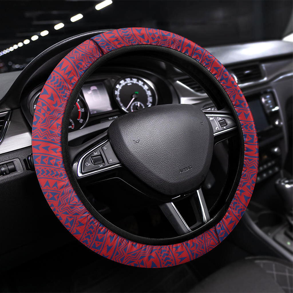 Faleula Samoa Village Steering Wheel Cover Falefa Valley Polynesian Tribal Hibiscus Floral DT05 Universal Fit Red - Polynesian Pride