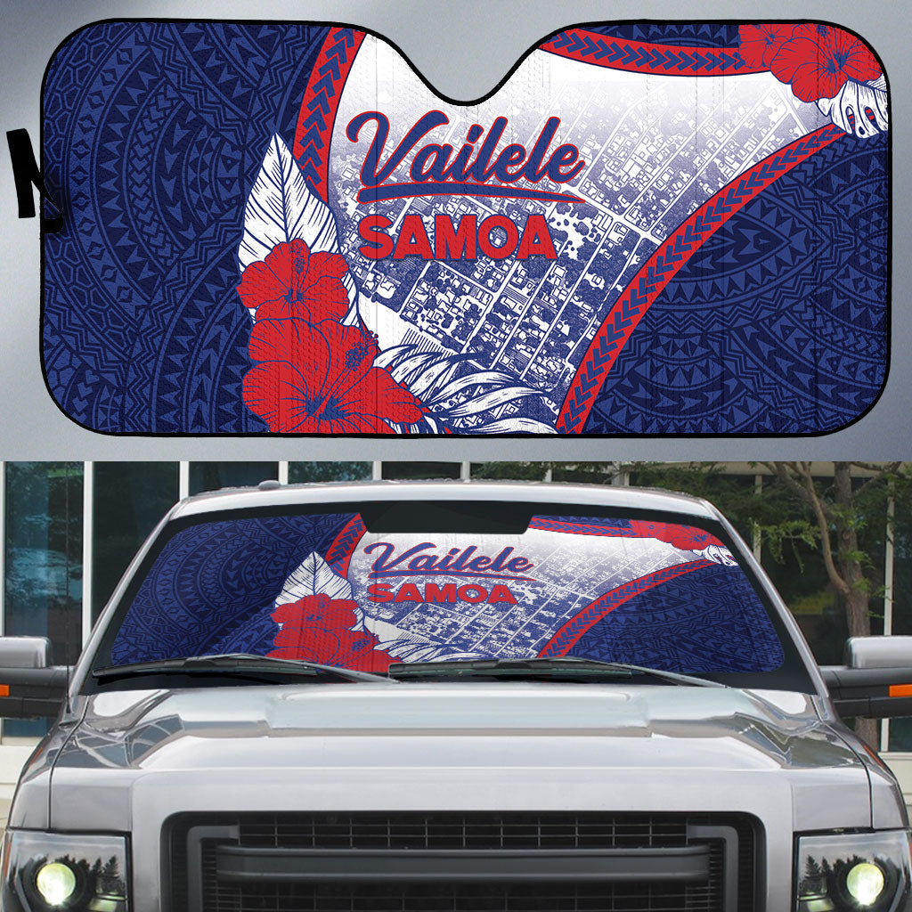 Vailele Samoa Village Auto Sun Shade Map Polynesian Tribal Hibiscus Floral DT05 Navy - Polynesian Pride
