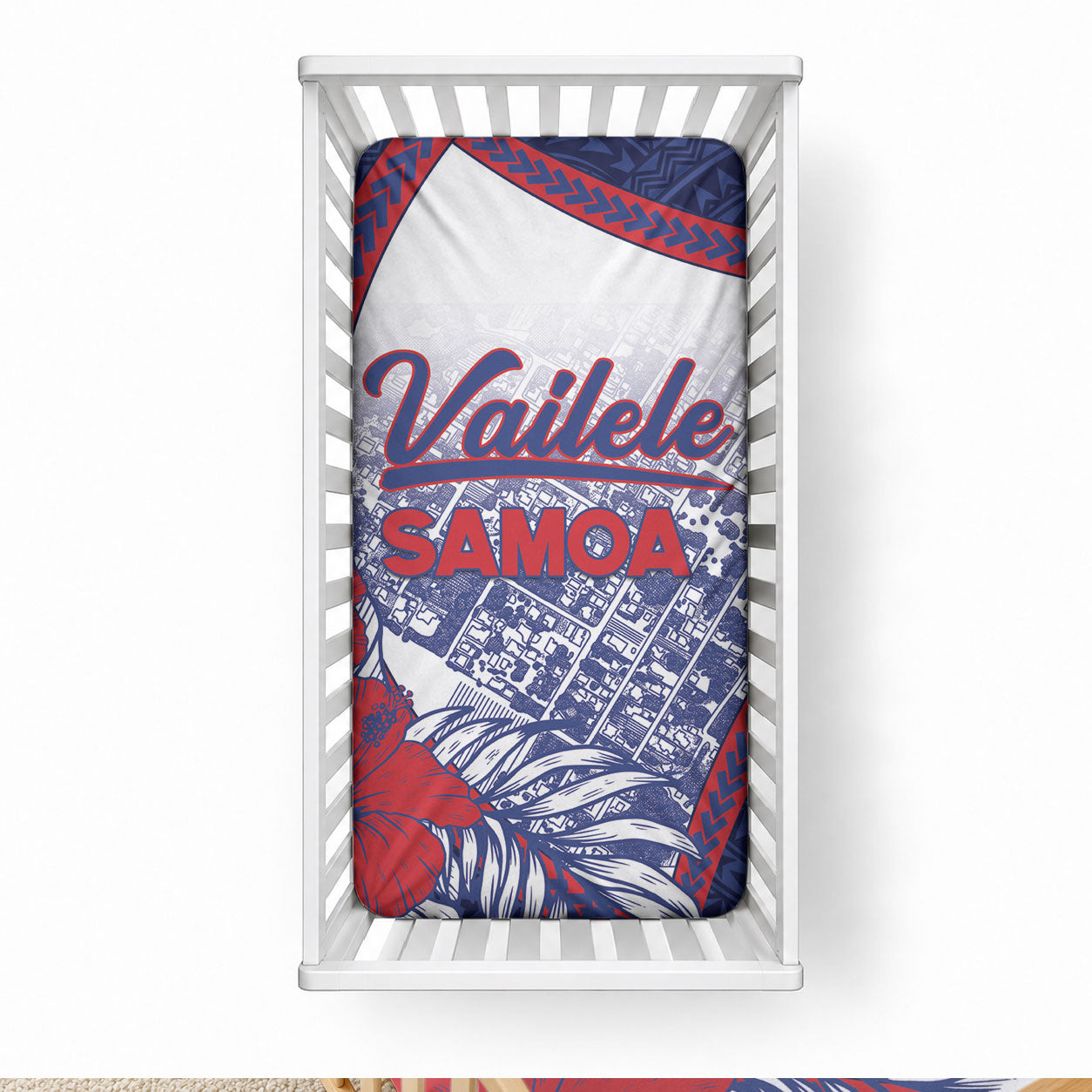Vailele Samoa Village Baby Bed Cover Map Polynesian Tribal Hibiscus Floral DT05 28 × 52 in Navy - Polynesian Pride