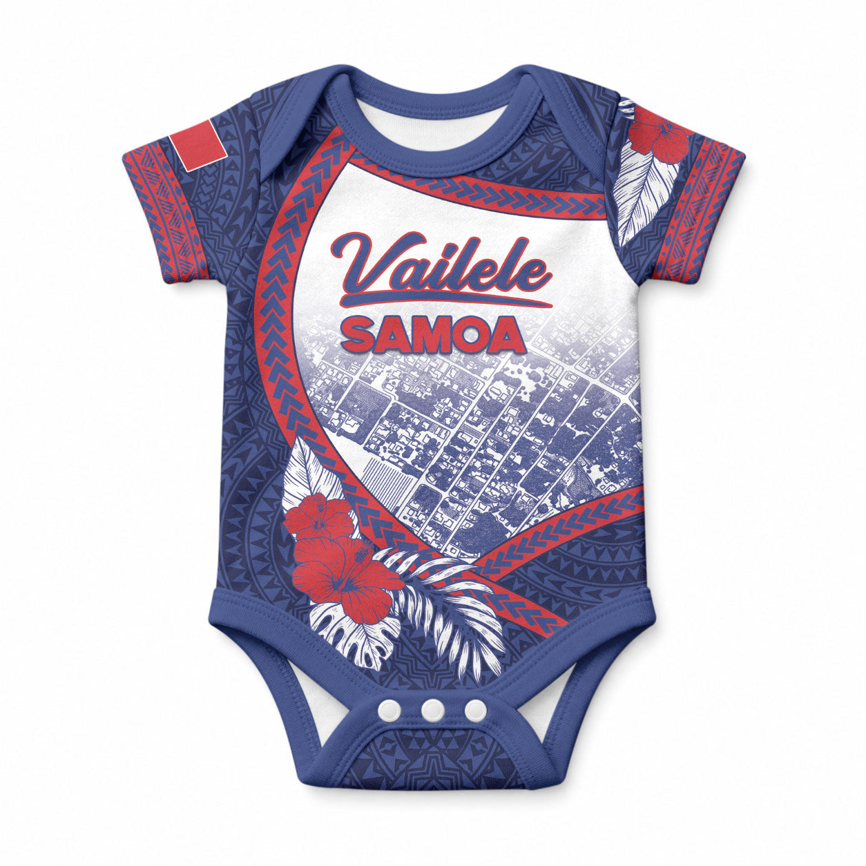 Personalised Vailele Samoa Village Baby Onesie Map Polynesian Tribal Hibiscus Floral
