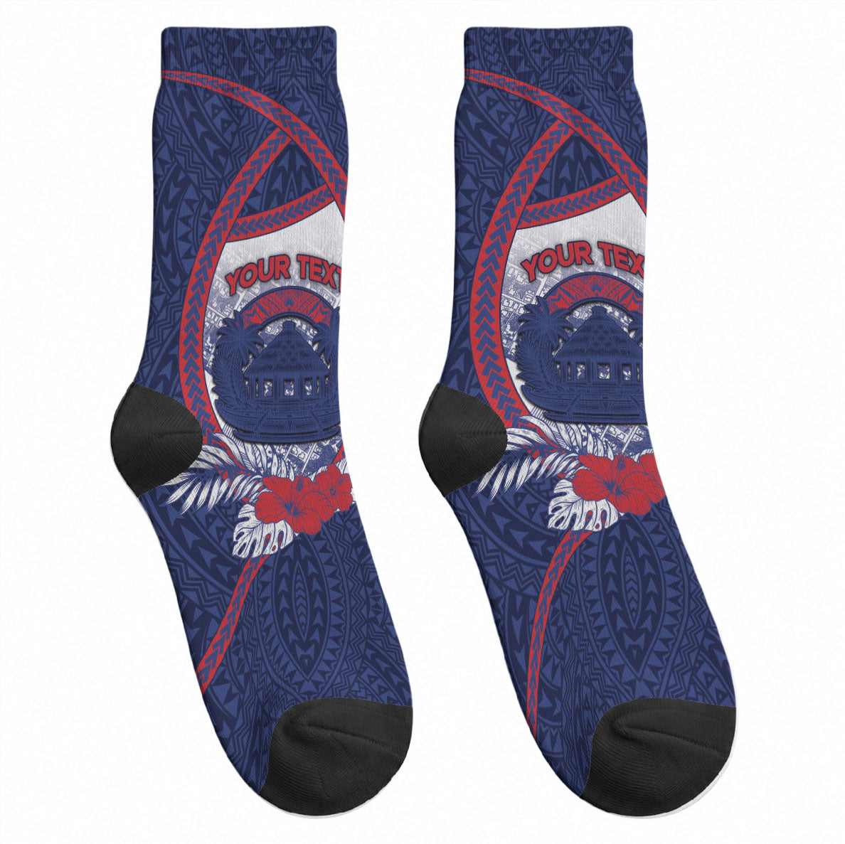 Personalised Vailele Samoa Village Crew Socks Map Polynesian Tribal Hibiscus Floral DT05 - Polynesian Pride