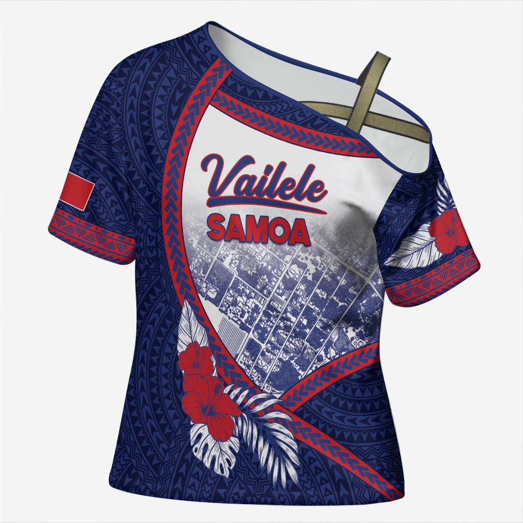 Personalised Vailele Samoa Village Cross Shoulder Shirt Map Polynesian Tribal Hibiscus Floral