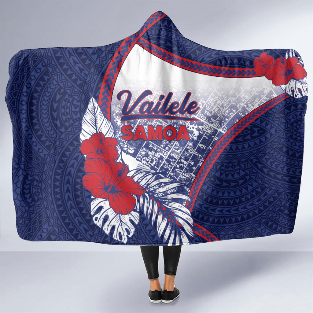 Vailele Samoa Village Hooded Blanket Map Polynesian Tribal Hibiscus Floral DT05 One Size Navy - Polynesian Pride