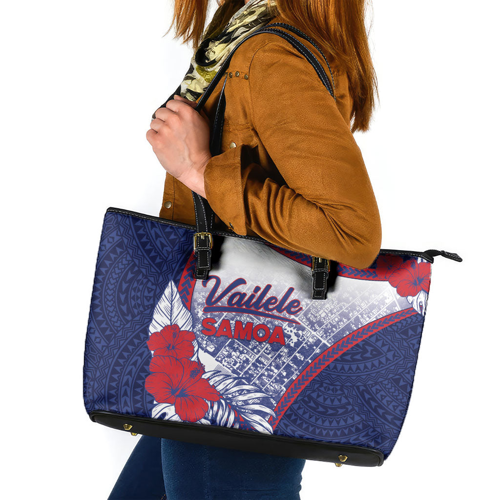 Vailele Samoa Village Leather Tote Bag Map Polynesian Tribal Hibiscus Floral DT05 Navy - Polynesian Pride