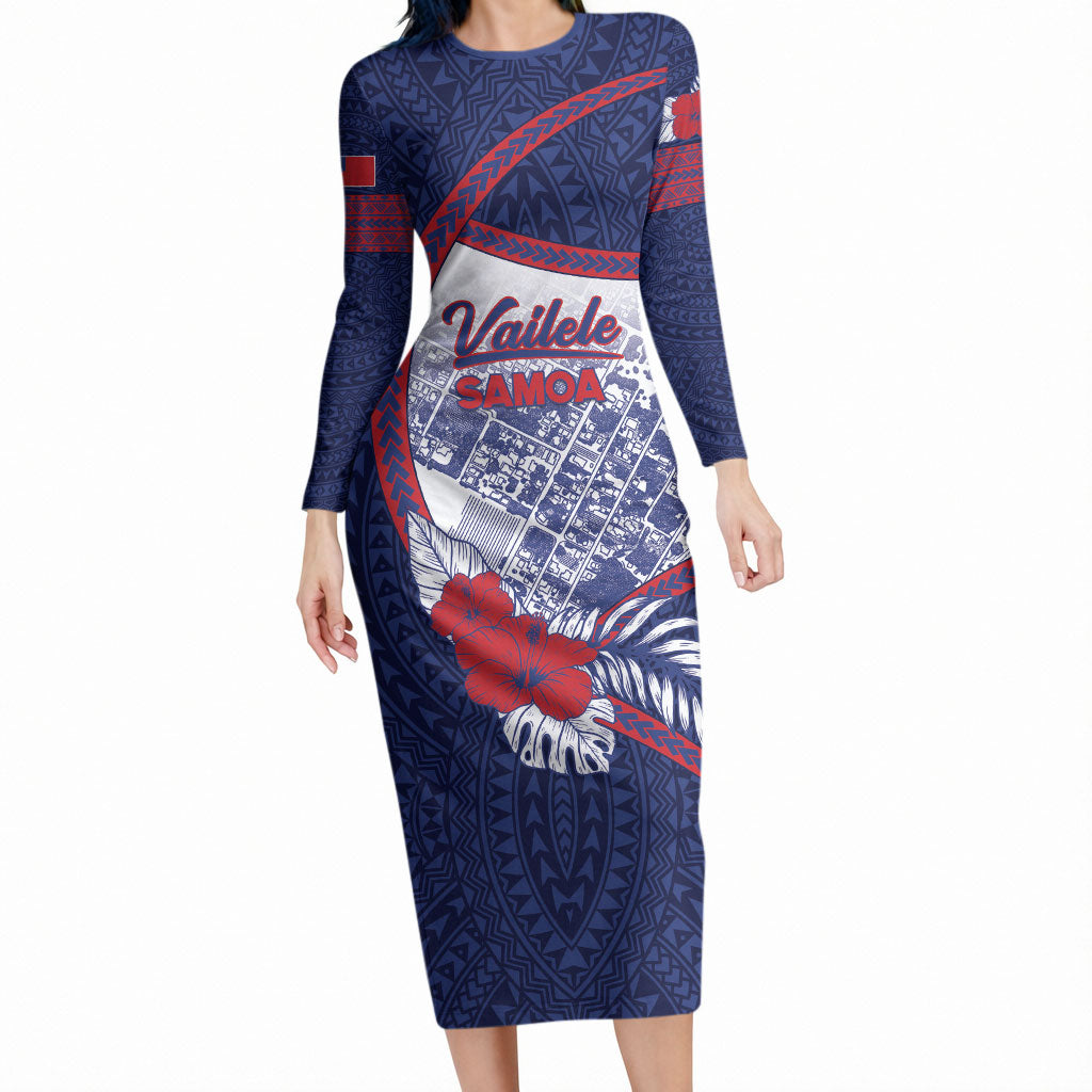 Personalised Vailele Samoa Village Long Sleeve Bodycon Dress Map Polynesian Tribal Hibiscus Floral DT05 Long Dress Navy - Polynesian Pride