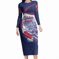 Personalised Vailele Samoa Village Long Sleeve Bodycon Dress Map Polynesian Tribal Hibiscus Floral DT05 Long Dress Navy - Polynesian Pride