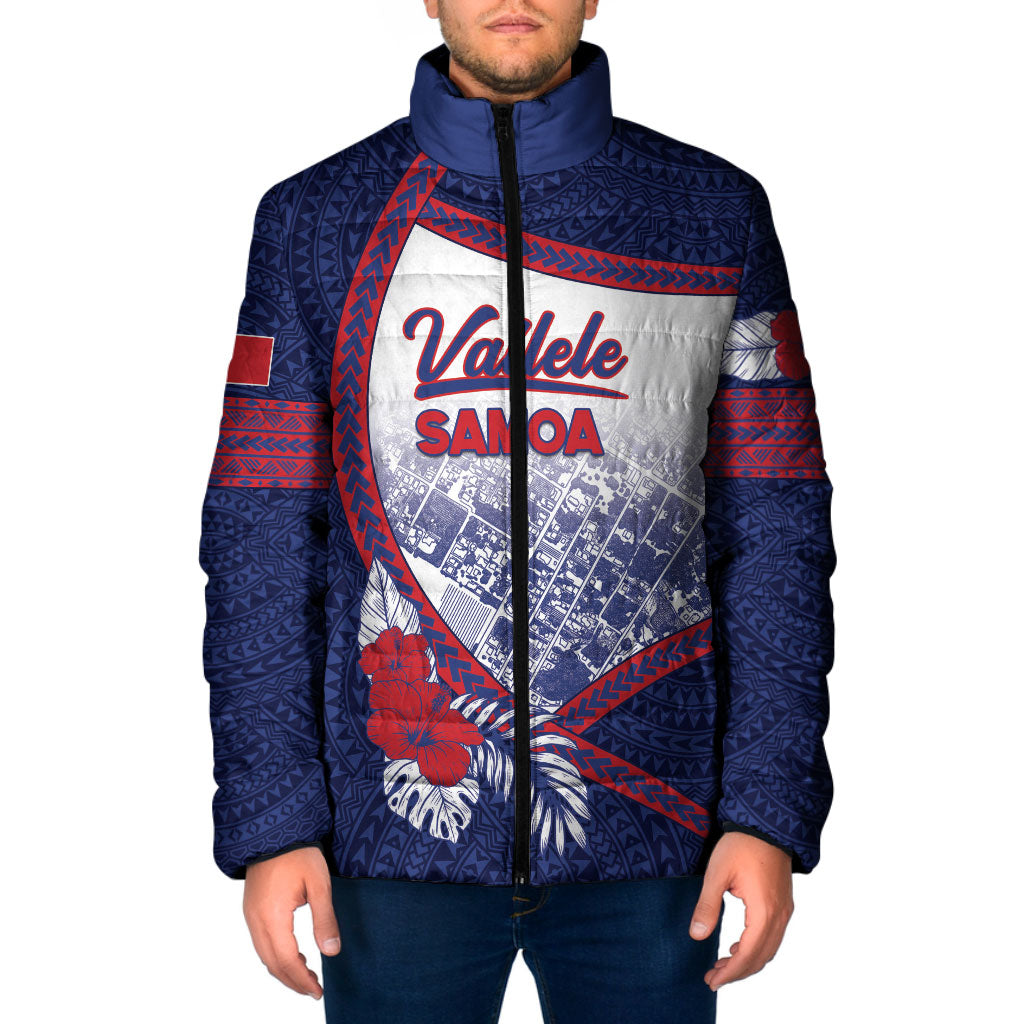 Personalised Vailele Samoa Village Padded Jacket Map Polynesian Tribal Hibiscus Floral