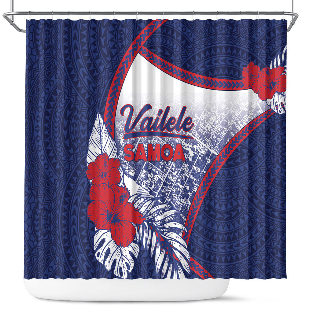 Vailele Samoa Village Shower Curtain Map Polynesian Tribal Hibiscus Floral DT05 Navy - Polynesian Pride