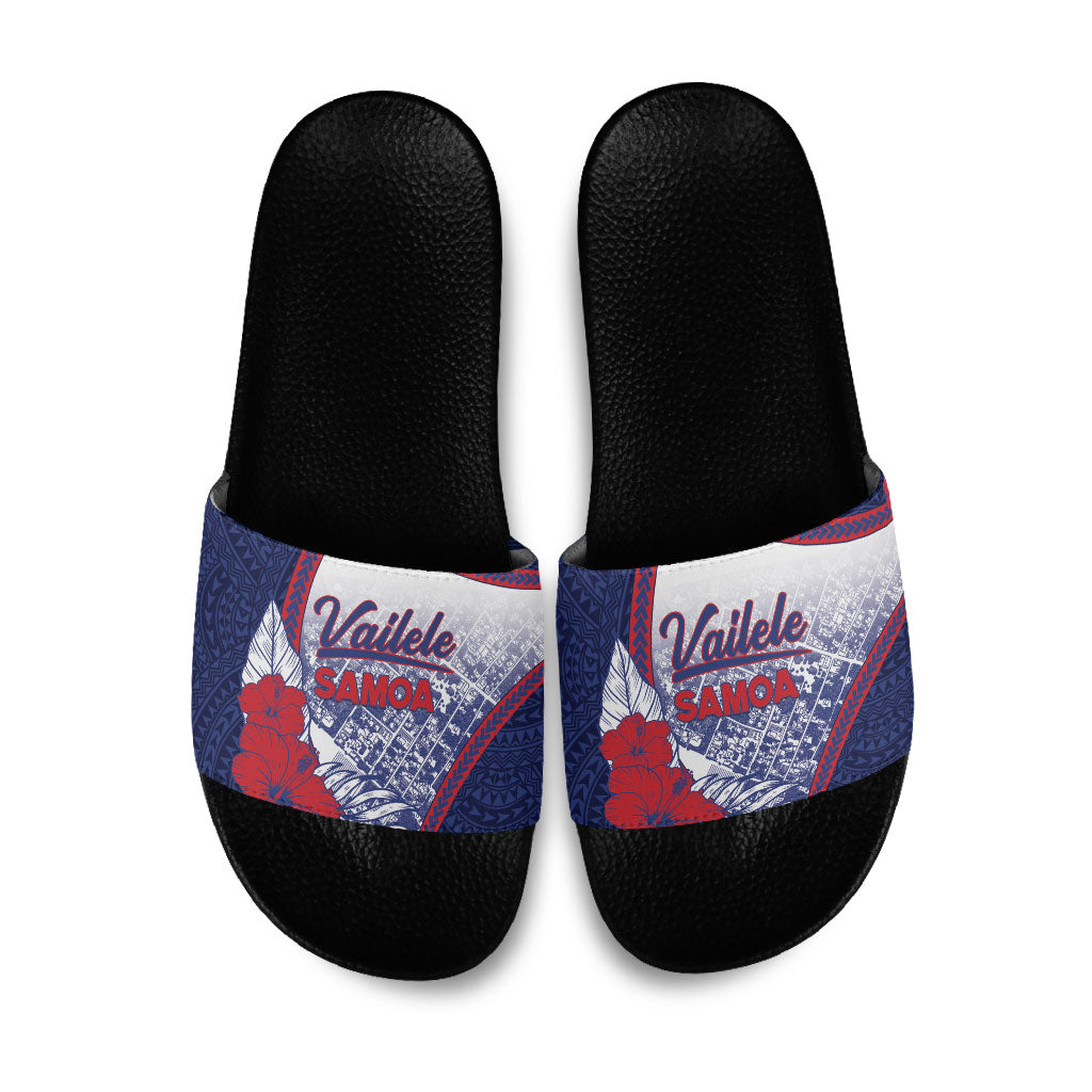 Vailele Samoa Village Slide Sandals Map Polynesian Tribal Hibiscus Floral DT05 Navy - Polynesian Pride