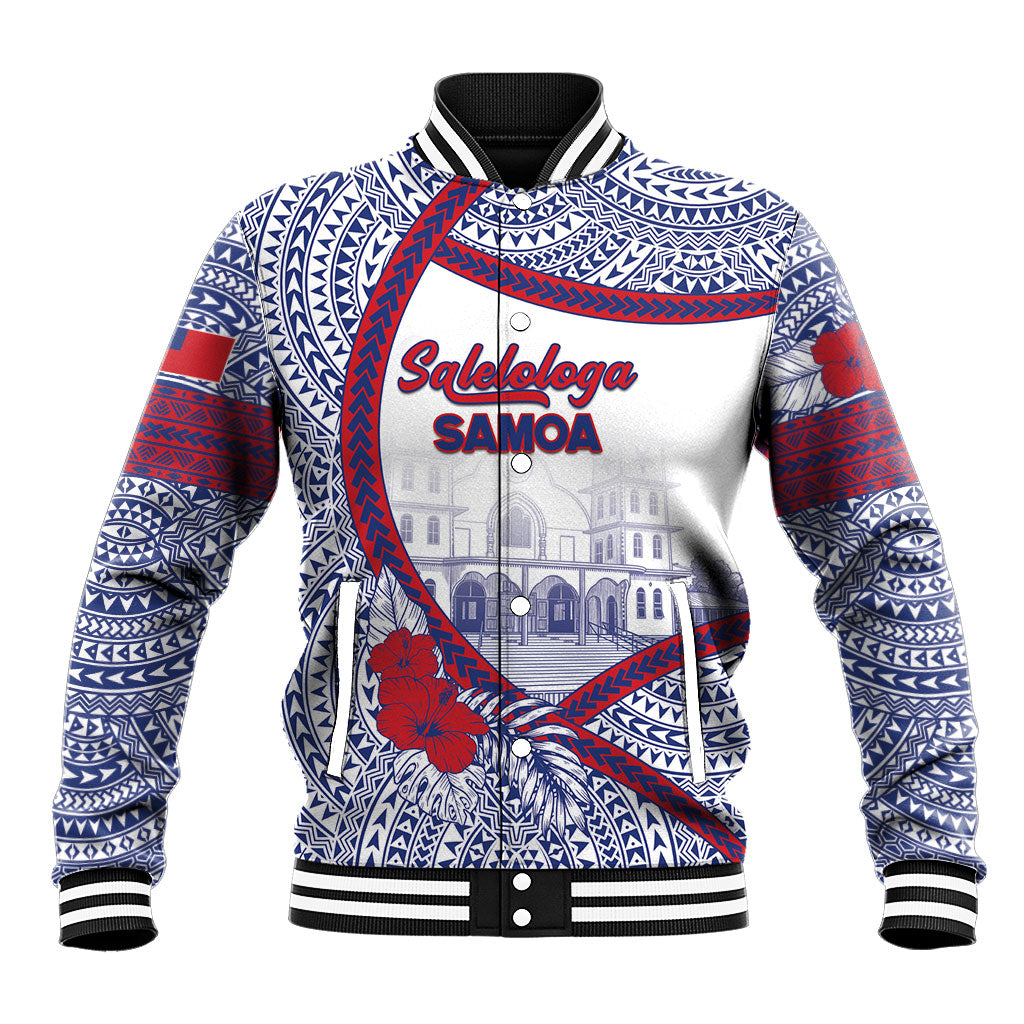 Personalised Salelologa Samoa Village Baseball Jacket Polynesian Tribal Church Landmark Hibiscus Floral