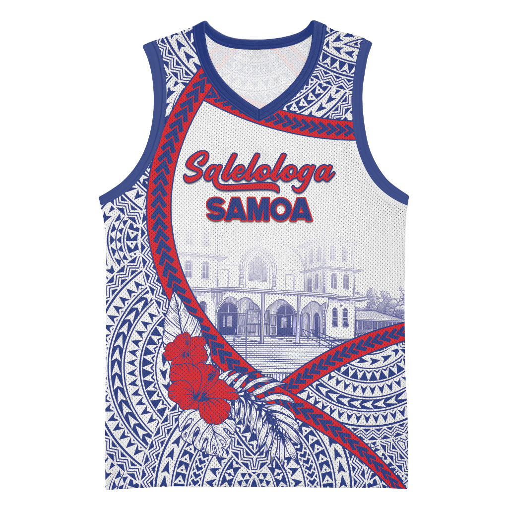 Personalised Salelologa Samoa Village Basketball Jersey Polynesian Tribal Church Landmark Hibiscus Floral DT05 Unisex White - Polynesian Pride