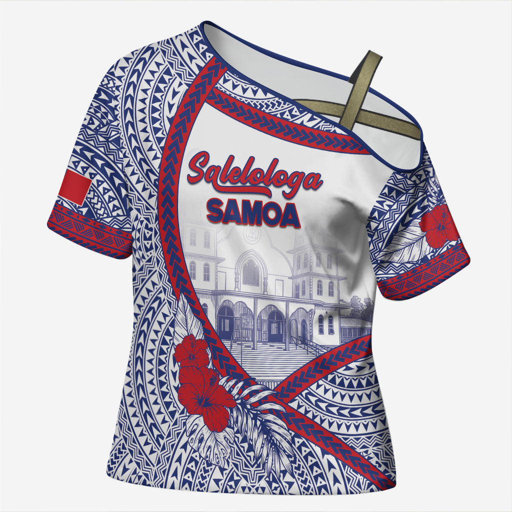 Personalised Salelologa Samoa Village Cross Shoulder Shirt Polynesian Tribal Church Landmark Hibiscus Floral DT05 Female White - Polynesian Pride
