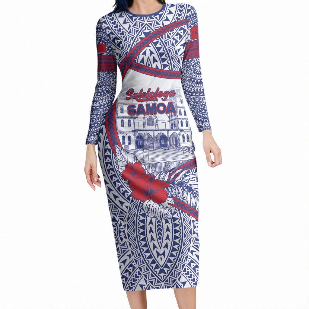 Personalised Salelologa Samoa Village Long Sleeve Bodycon Dress Polynesian Tribal Church Landmark Hibiscus Floral