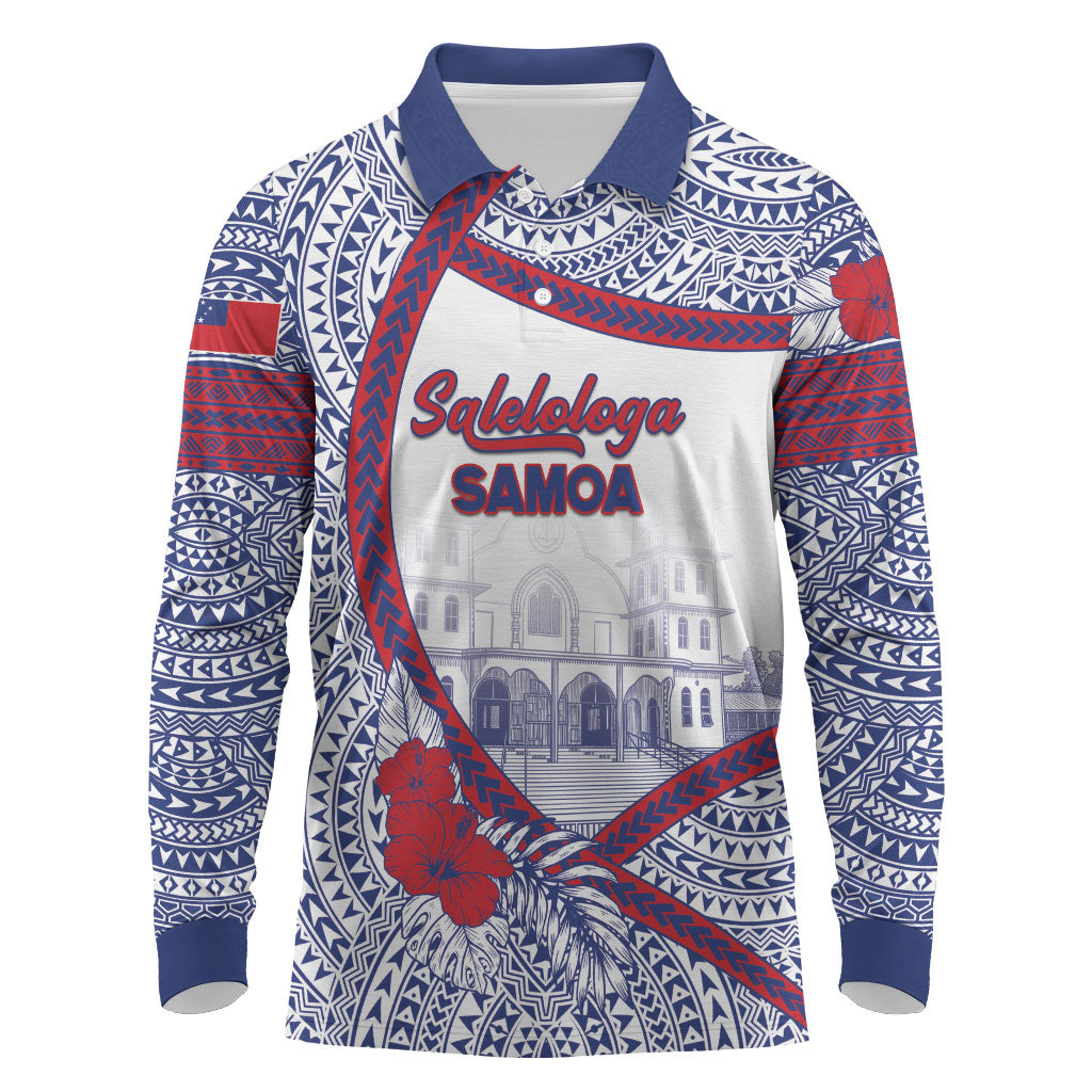 Personalised Salelologa Samoa Village Long Sleeve Polo Shirt Polynesian Tribal Church Landmark Hibiscus Floral DT05 White - Polynesian Pride