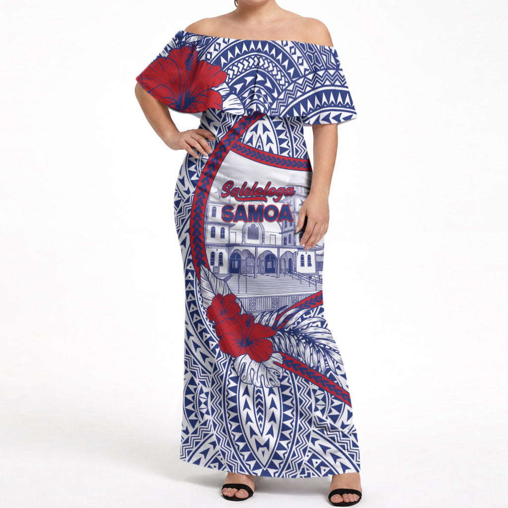 Personalised Salelologa Samoa Village Off Shoulder Maxi Dress Polynesian Tribal Church Landmark Hibiscus Floral DT05 Women White - Polynesian Pride