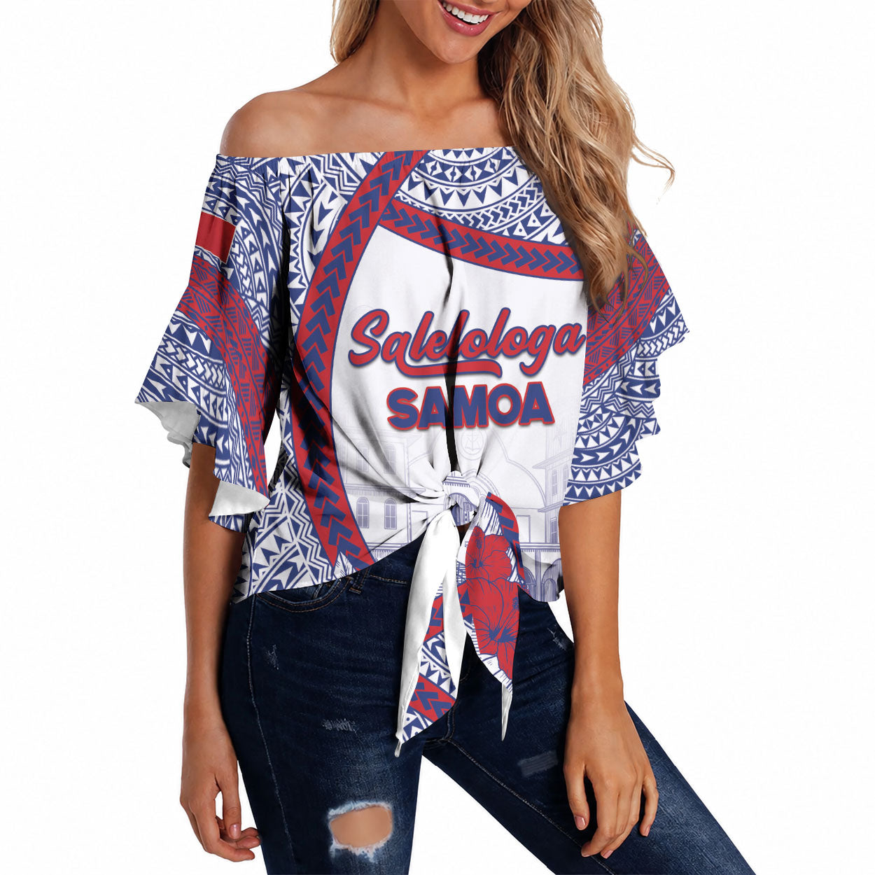 Personalised Salelologa Samoa Village Off Shoulder Wrap Waist Top Polynesian Tribal Church Landmark Hibiscus Floral DT05 White - Polynesian Pride