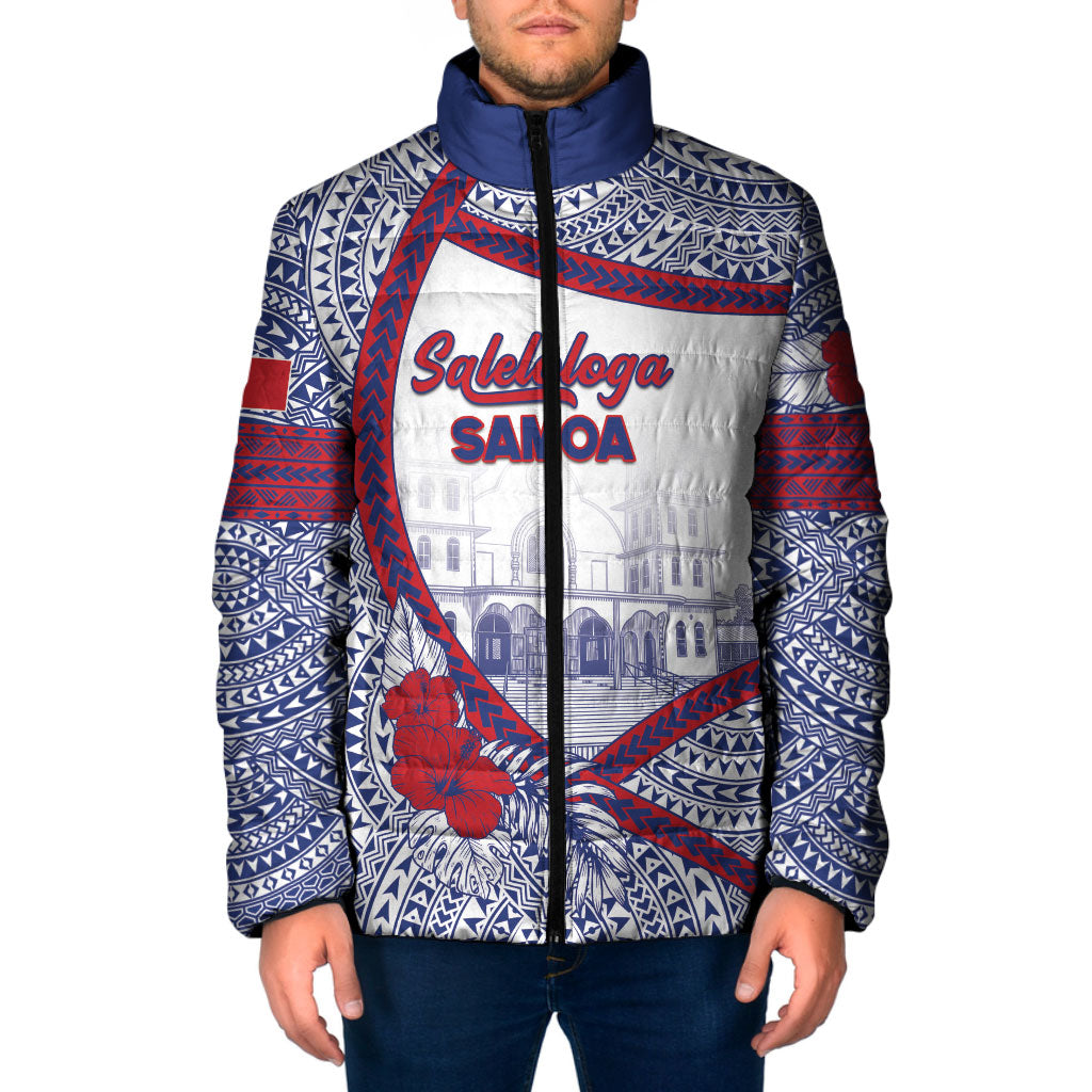 Personalised Salelologa Samoa Village Padded Jacket Polynesian Tribal Church Landmark Hibiscus Floral DT05 Men White - Polynesian Pride