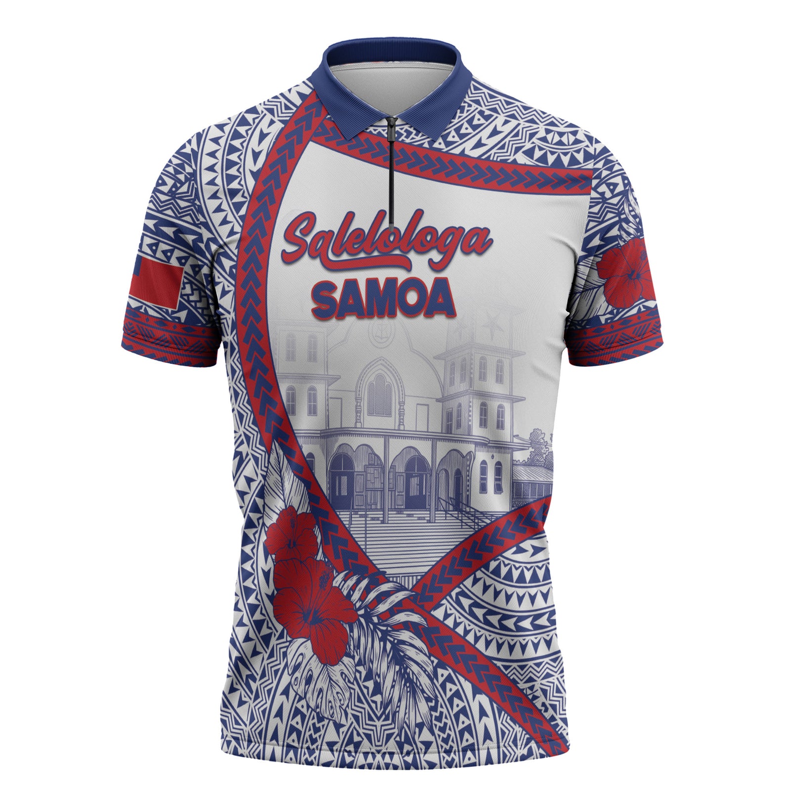 Personalised Salelologa Samoa Village Zipper Polo Shirt Polynesian Tribal Church Landmark Hibiscus Floral DT05 White - Polynesian Pride