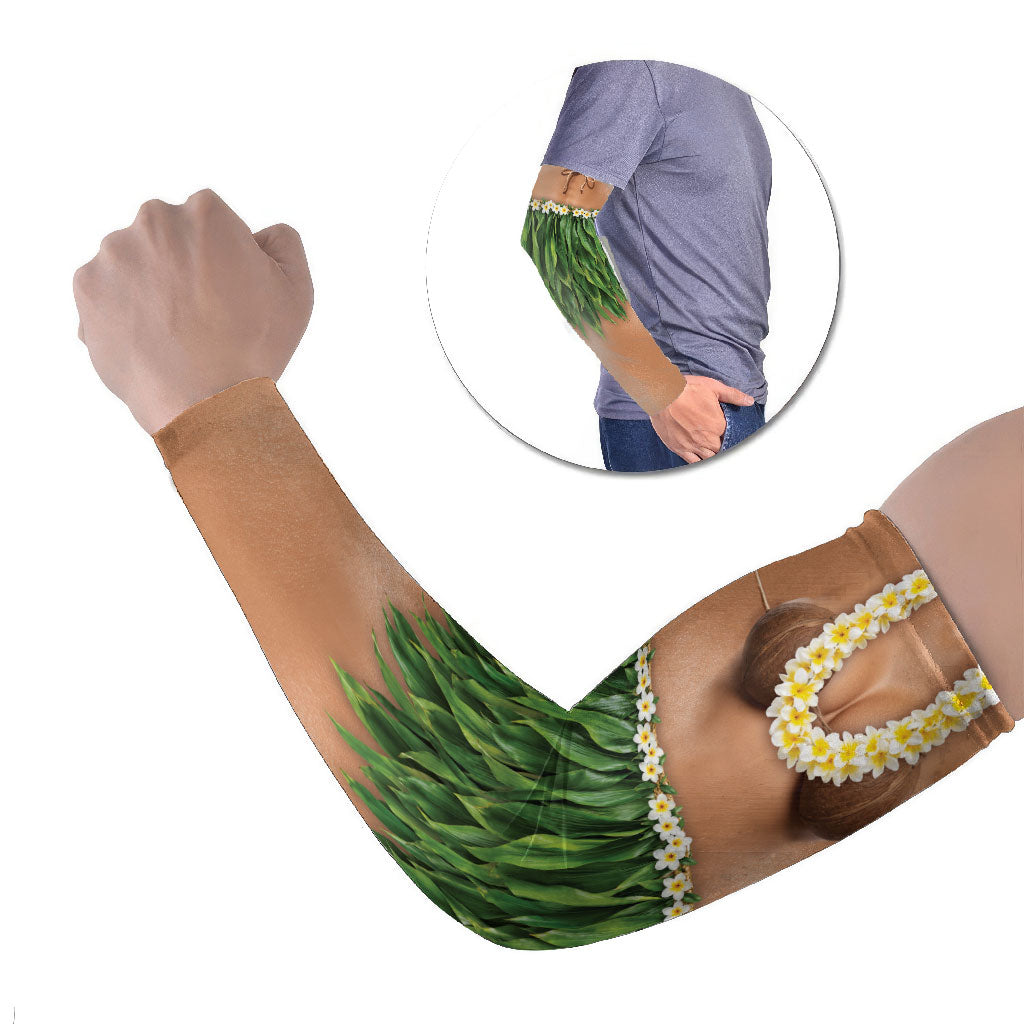 Hawaii Bikini Hula Costume Arm Sleeves Coconut Bra Plumeria Flower Lei Grass Skirt DT05 Set of 2 Beige - Polynesian Pride
