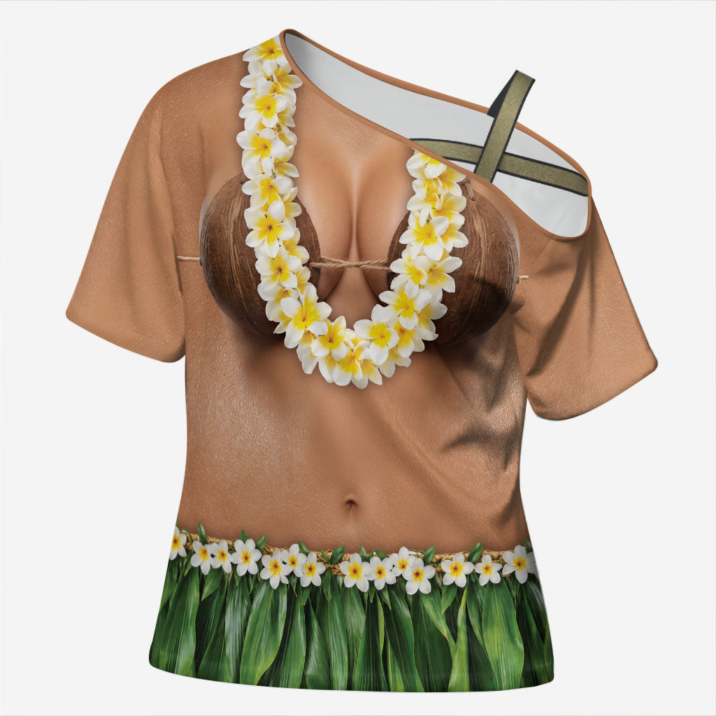 Hawaii Bikini Hula Costume Cross Shoulder Shirt Coconut Bra Plumeria Flower Lei Grass Skirt DT05 Female Beige - Polynesian Pride