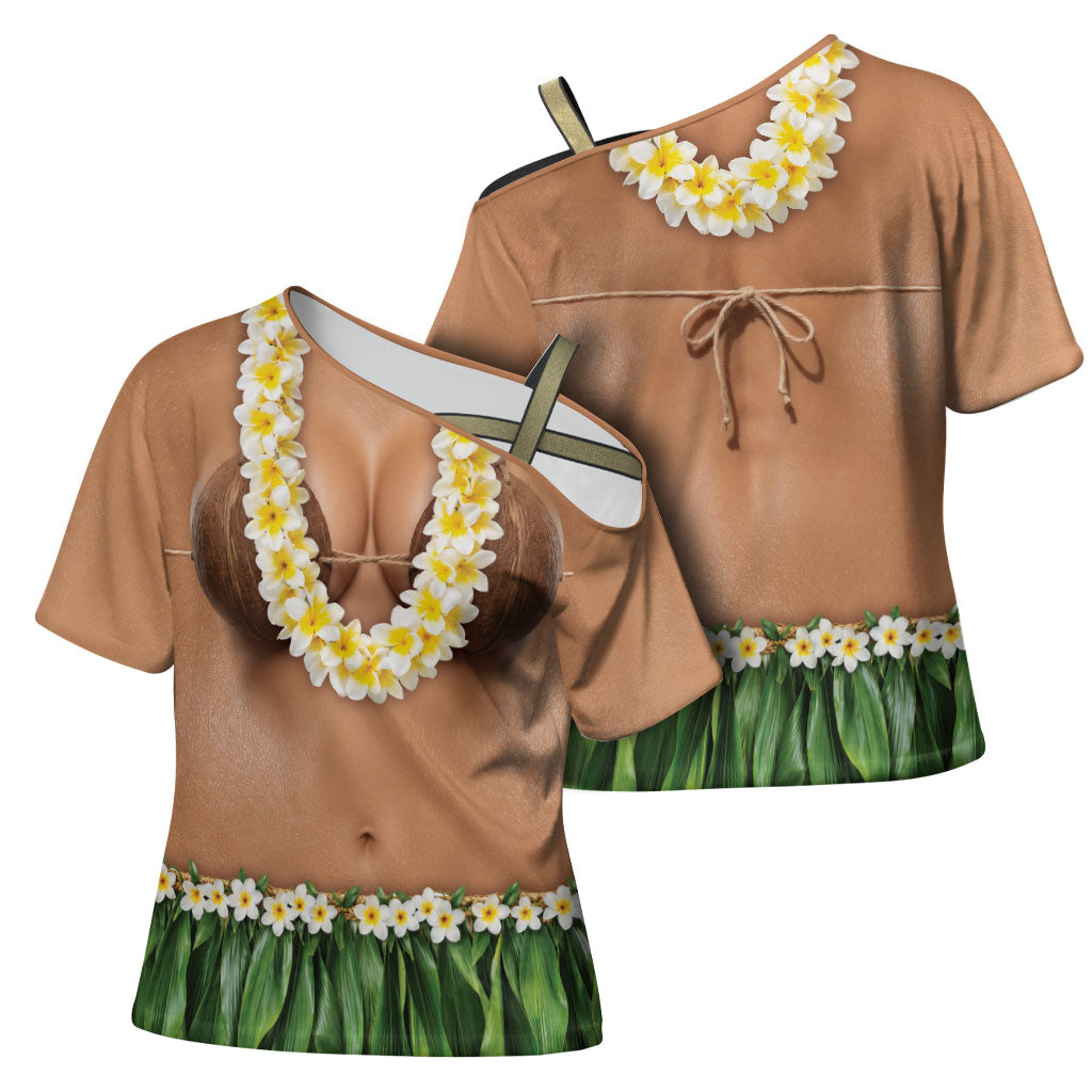 Hawaii Bikini Hula Costume Cross Shoulder Shirt Coconut Bra Plumeria Flower Lei Grass Skirt DT05 - Polynesian Pride