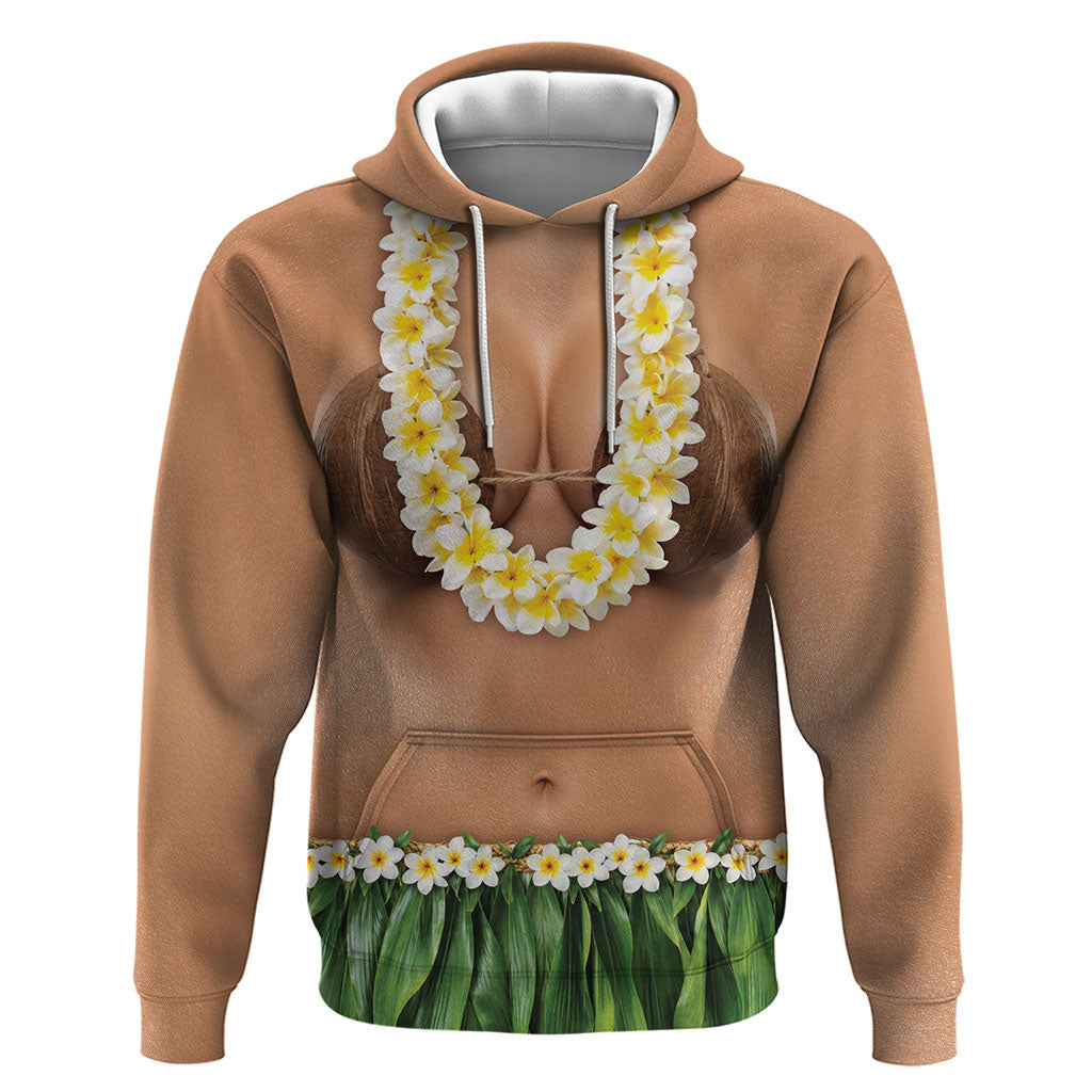 Hawaii Bikini Hula Costume Hoodie Coconut Bra Plumeria Flower Lei Grass Skirt DT05 Pullover Hoodie Beige - Polynesian Pride