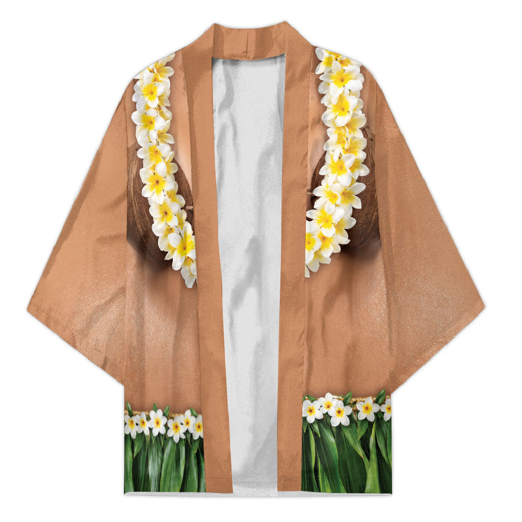 Hawaii Bikini Hula Costume Kimono Coconut Bra Plumeria Flower Lei Grass Skirt DT05 Unisex Beige - Polynesian Pride