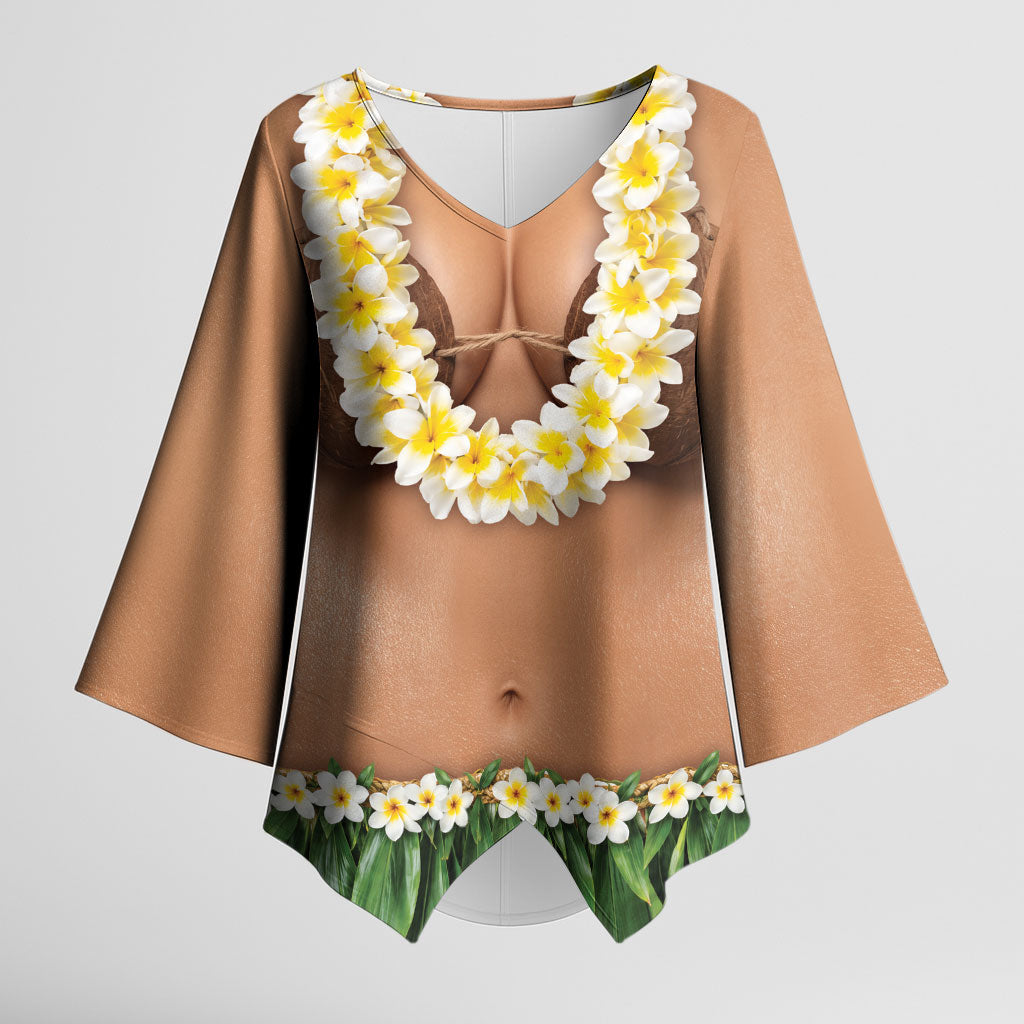 Hawaii Bikini Hula Costume Kimono Sleeve Blouse Coconut Bra Plumeria Flower Lei Grass Skirt DT05 Female Beige - Polynesian Pride