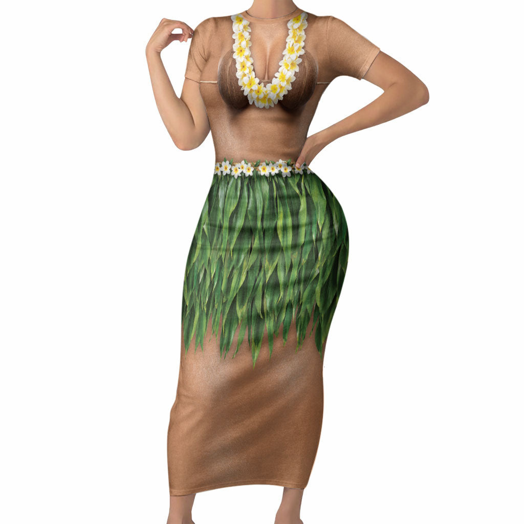 Hawaii Bikini Hula Costume Short Sleeve Bodycon Dress Coconut Bra Plumeria Flower Lei Grass Skirt DT05 Long Dress Beige - Polynesian Pride