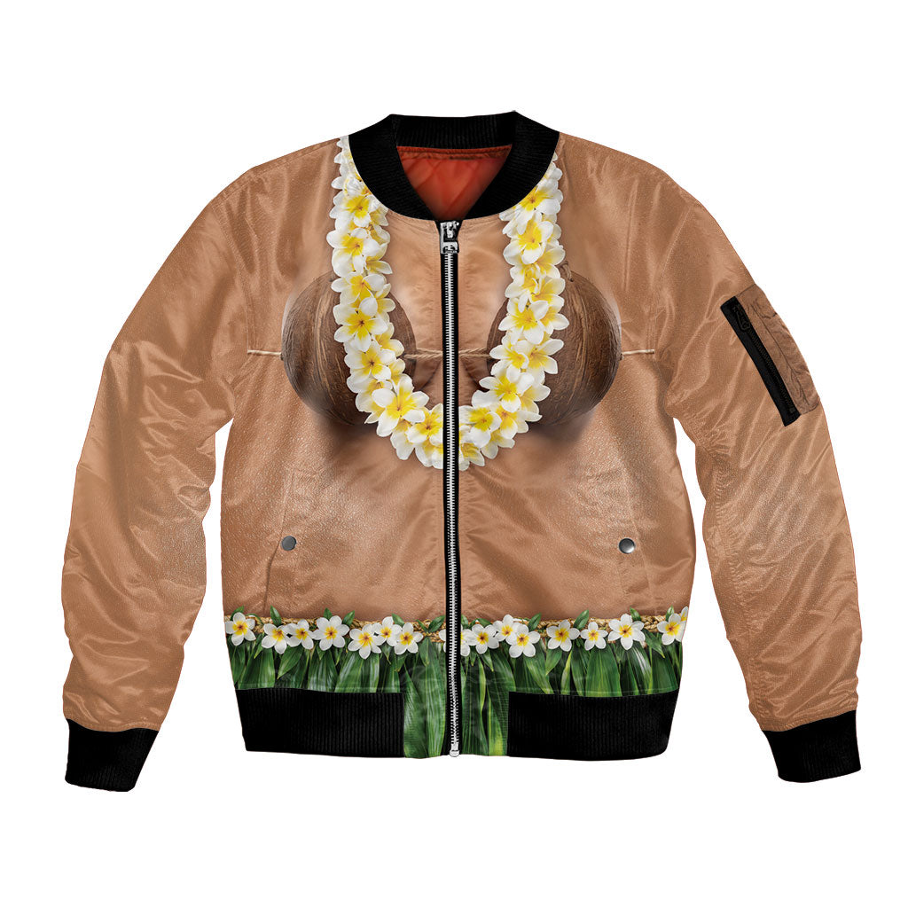 Hawaii Bikini Hula Costume Sleeve Zip Bomber Jacket Coconut Bra Plumeria Flower Lei Grass Skirt DT05 Unisex Beige - Polynesian Pride