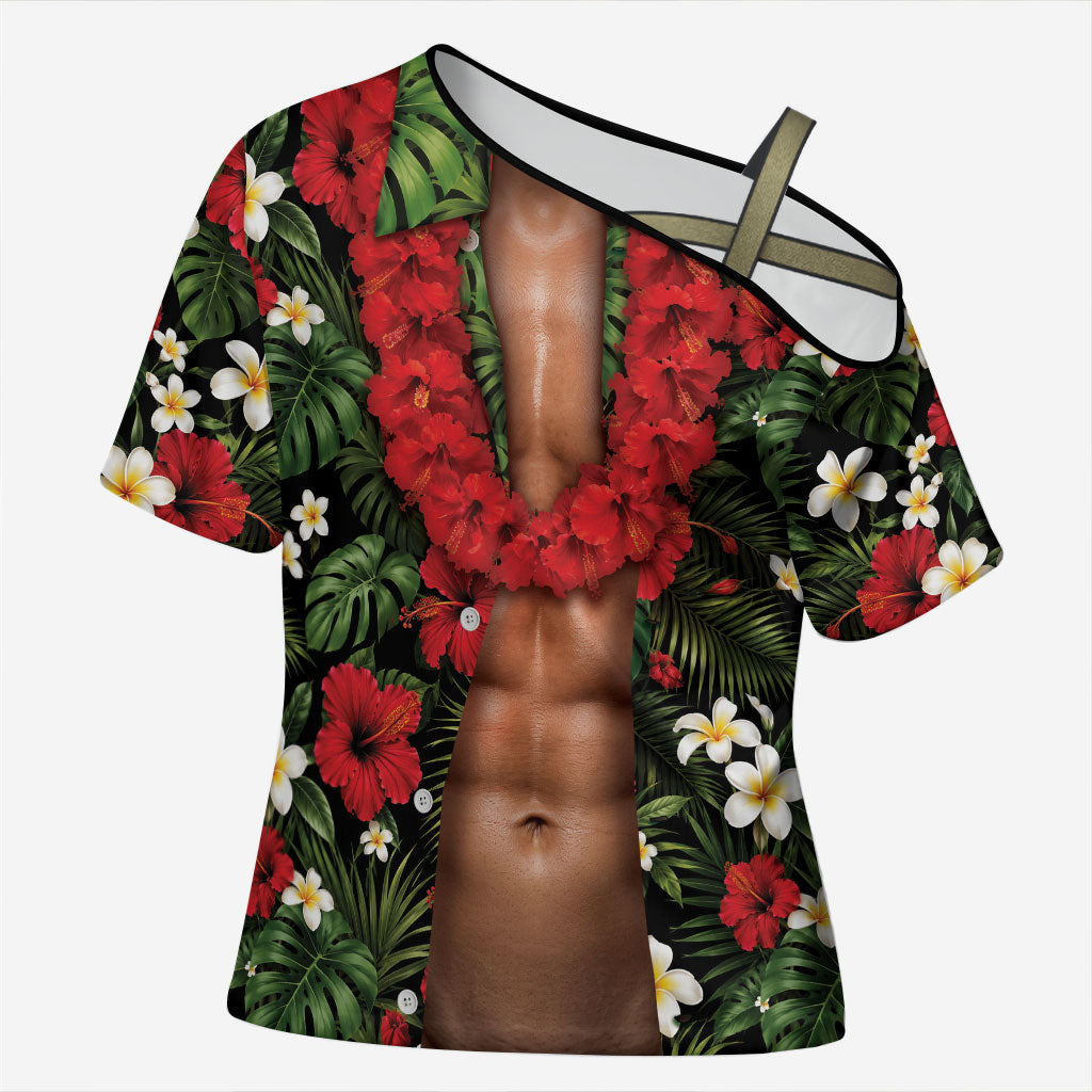 Hawaiian Floral Muscle Abs Cross Shoulder Shirt Six Pack Hibiscus Flower Lei Luau DT05 Female Black - Polynesian Pride