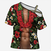 Hawaiian Floral Muscle Abs Cross Shoulder Shirt Six Pack Hibiscus Flower Lei Luau DT05 Female Black - Polynesian Pride