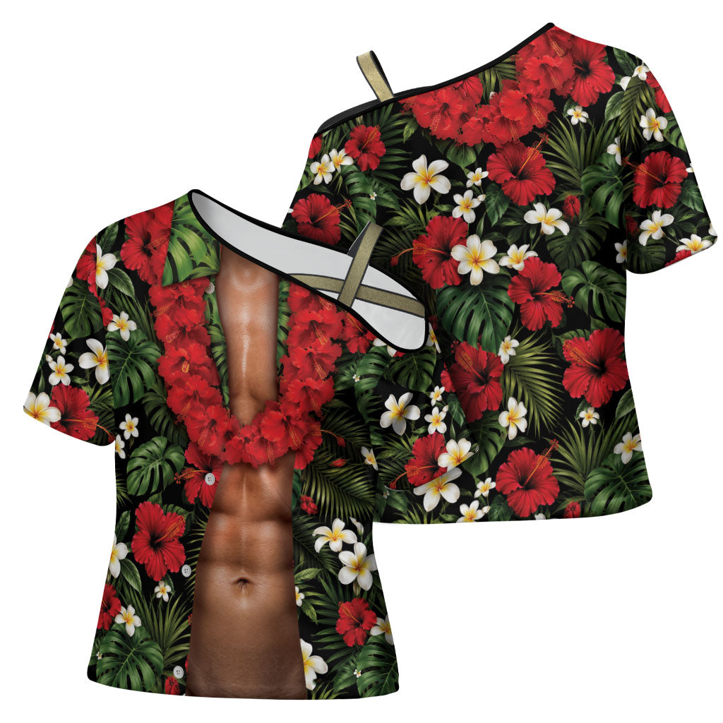 Hawaiian Floral Muscle Abs Cross Shoulder Shirt Six Pack Hibiscus Flower Lei Luau DT05 - Polynesian Pride