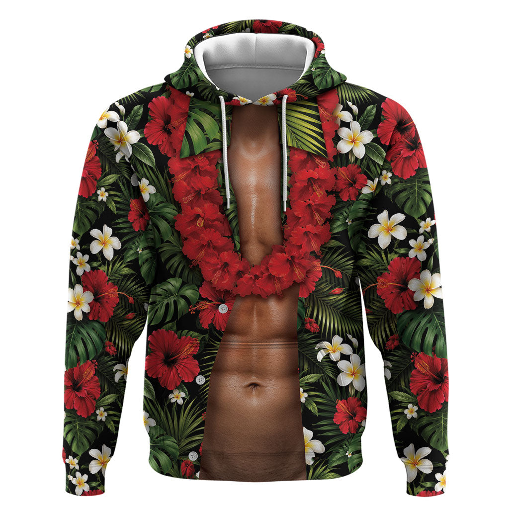 Hawaiian Floral Muscle Abs Hoodie Six Pack Hibiscus Flower Lei Luau DT05 Pullover Hoodie Black - Polynesian Pride