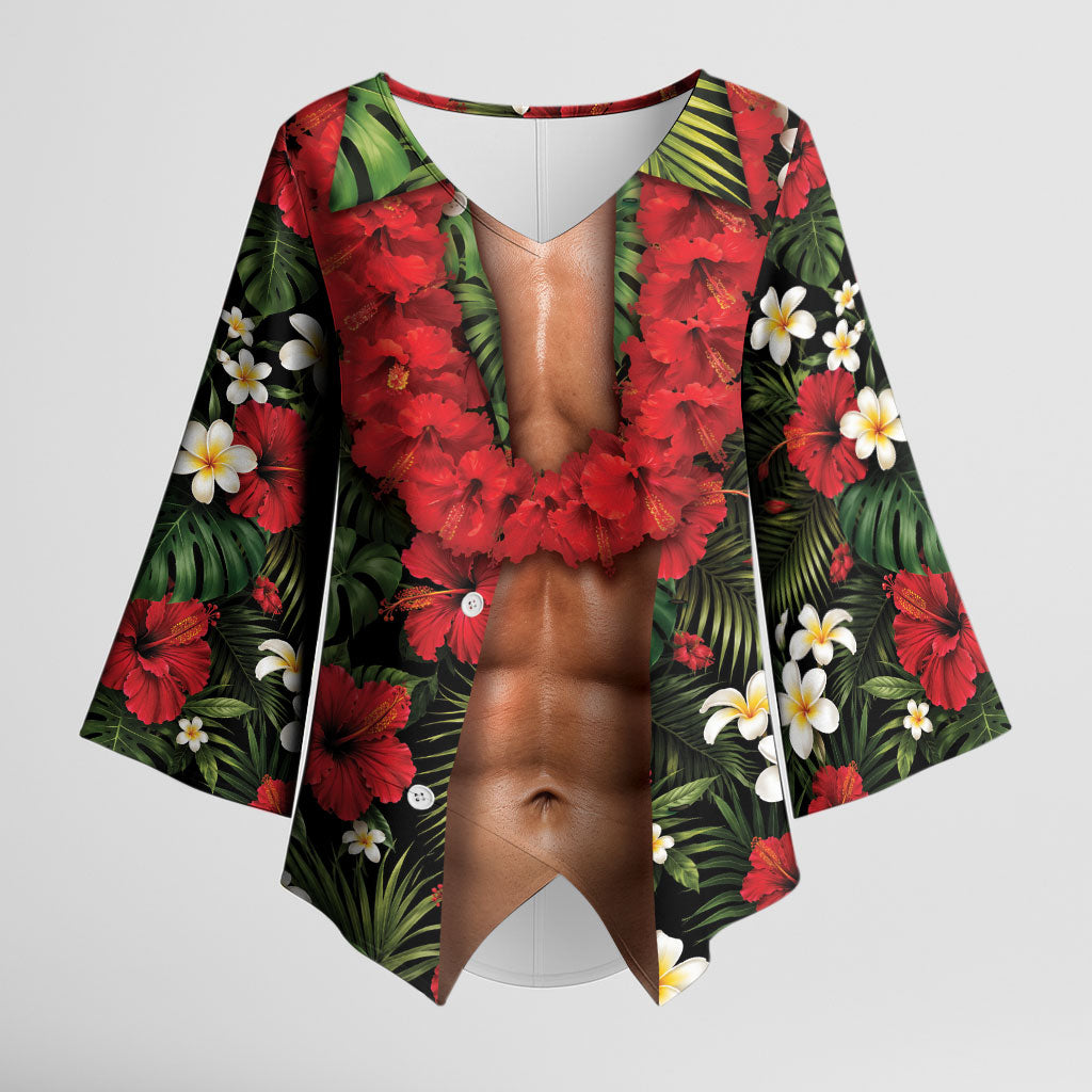 Hawaiian Floral Muscle Abs Kimono Sleeve Blouse Six Pack Hibiscus Flower Lei Luau DT05 Female Black - Polynesian Pride