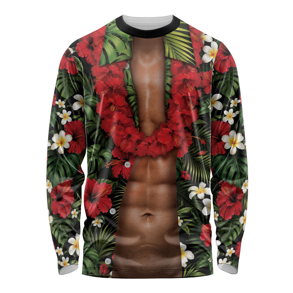 Hawaiian Floral Muscle Abs Long Sleeve Shirt Six Pack Hibiscus Flower Lei Luau DT05 Unisex Black - Polynesian Pride