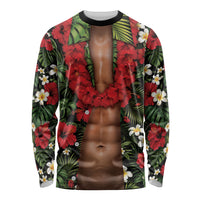 Hawaiian Floral Muscle Abs Long Sleeve Shirt Six Pack Hibiscus Flower Lei Luau DT05 Unisex Black - Polynesian Pride